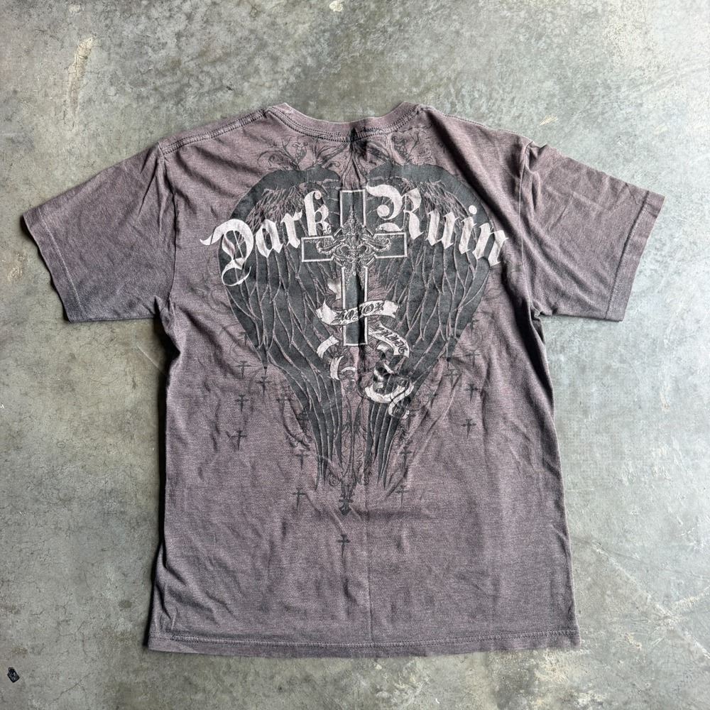 Y2K Grunge Gothic Style Double Sided Graphic Shirt Wings Cross Mens Small Faded